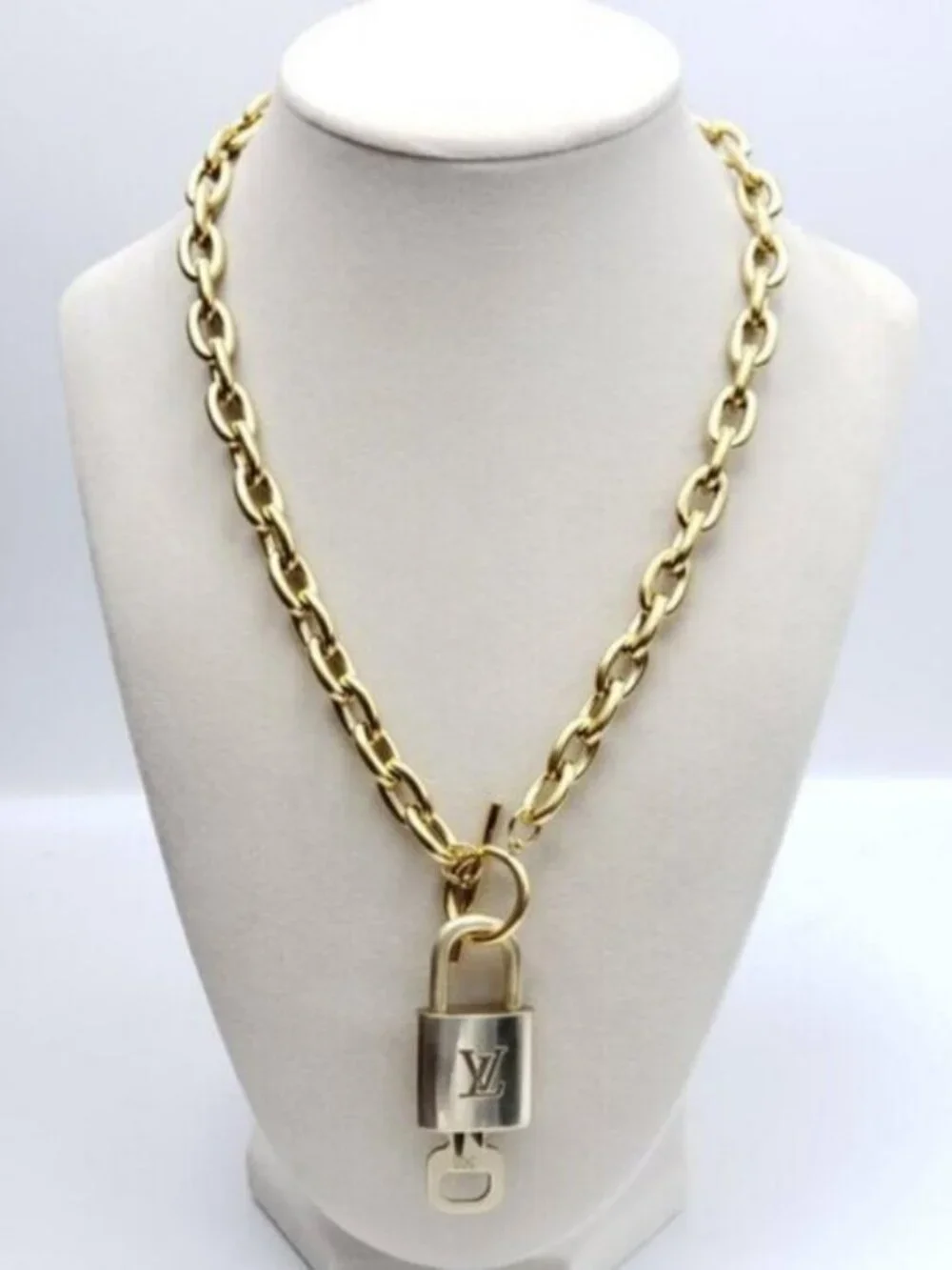 Authentic Louis Vuitton Gold Padlock w/Unbranded Stainless Steel Chain Necklace